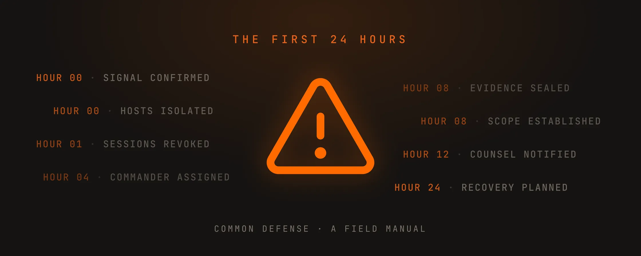 The first 24 hours. A warning symbol at the centre of an incident timeline running from hour 00, signal confirmed and hosts isolated, through hour 24, recovery planned.